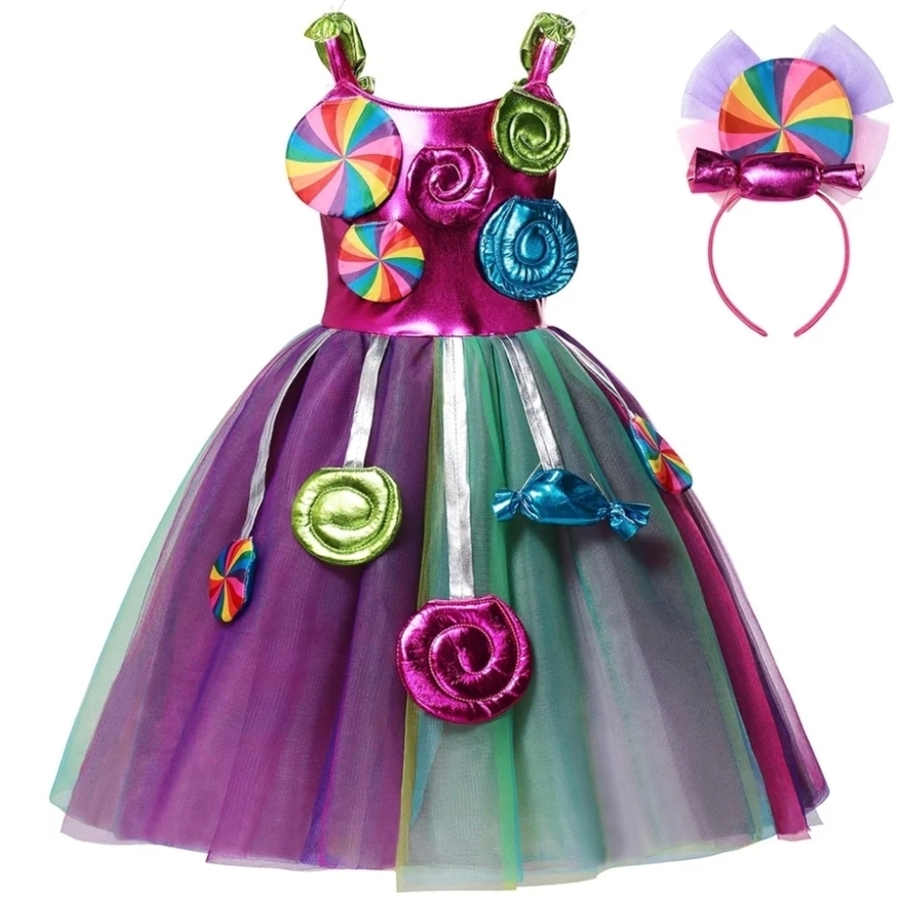 Colorful Candy-Themed Kids Halloween Costume Dress And Headband
